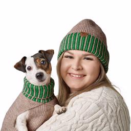 Hunter Stickad Tröja Till Hunden med Matchande Stickad Mössa till Dig Beige/Grön